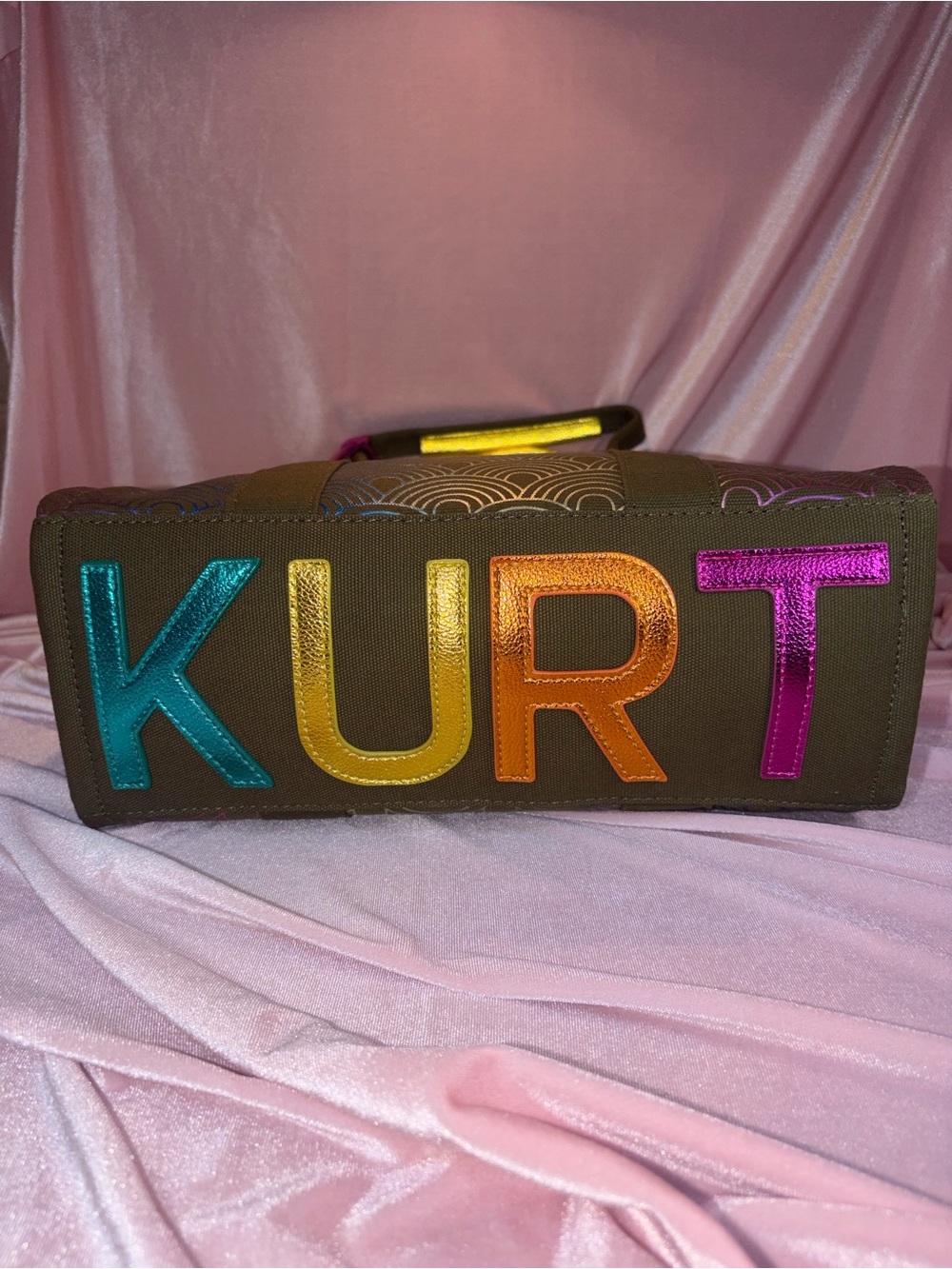 NWT Authentic Kurt Geiger Southbank Tote Olive / Rainbow Metallic + Dust Bag - Picture 5 of 9